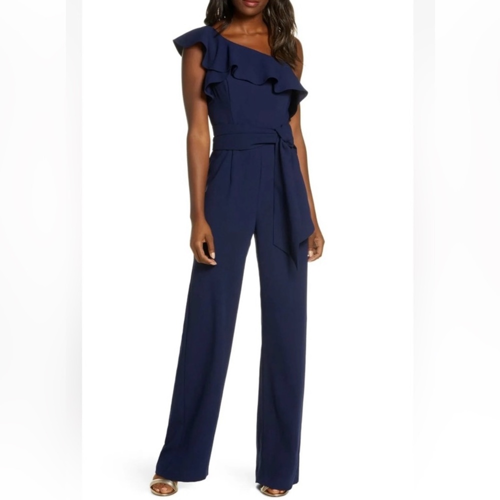Lilly Pulitzer Lyra Ruffle One Shoulder Jumpsuit in Navy Blue Size 2 NWT